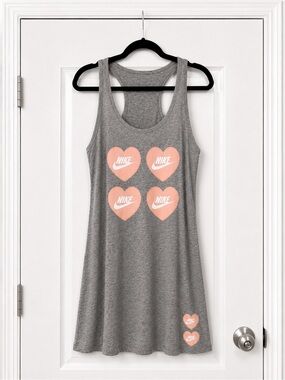 Gray Racerback Tank Top or Tank Dress with Pink Heart Logos (Four-Heart Front)